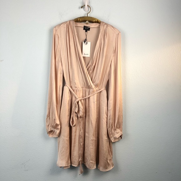 Bardot • Miranda Pink Satin Long Sleeve Wrap Dress - Picture 2 of 8